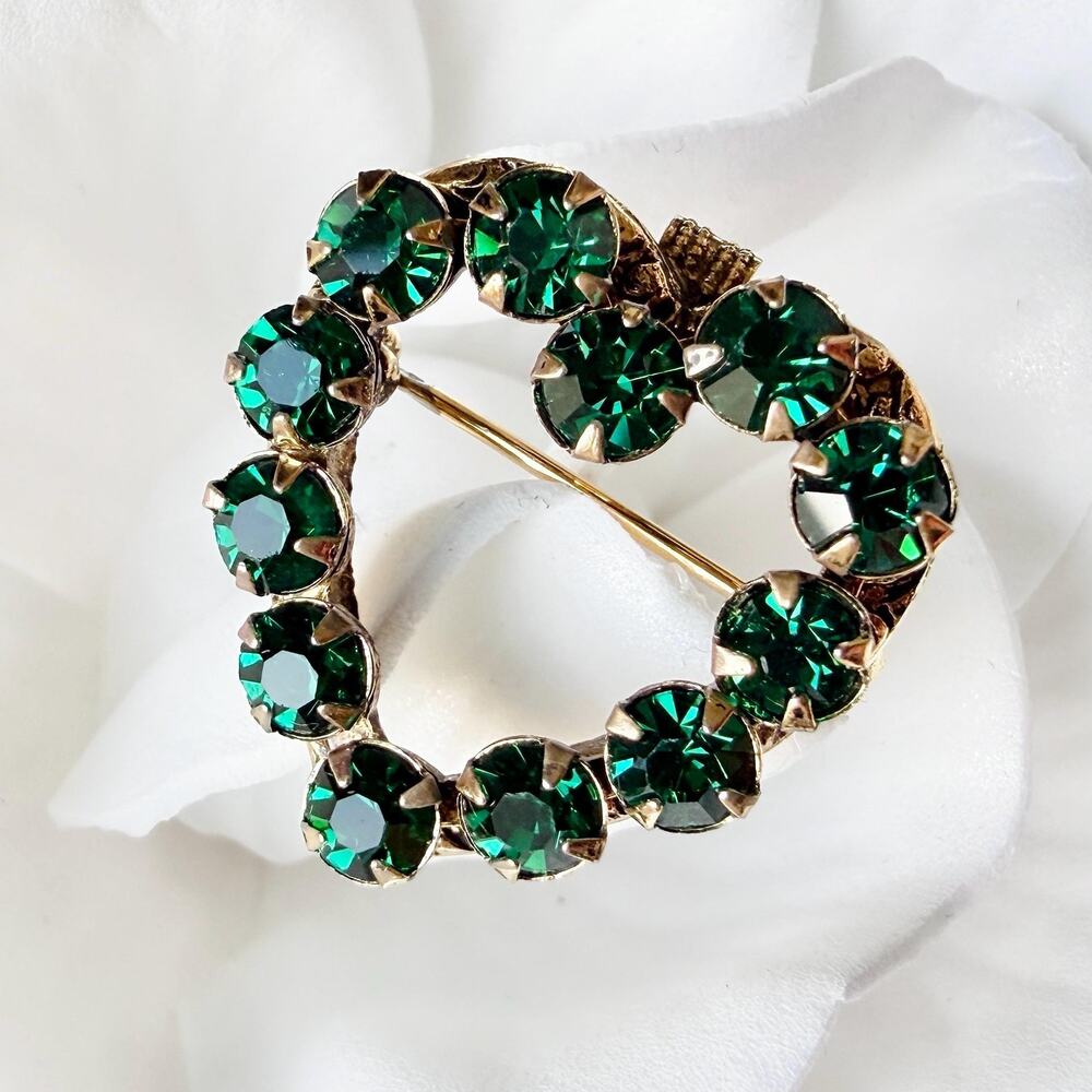Vintage Emerald Green Rhinestone Heart Brooch Pendant - Gold-Tone Dual Function